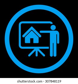 Realtor vector icon. This rounded flat symbol is drawn with blue color on a black background.