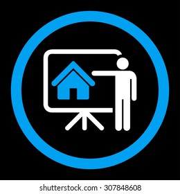 Realtor vector icon. This rounded flat symbol is drawn with blue and white colors on a black background.