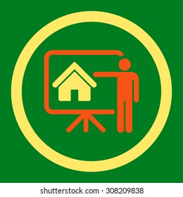 Realtor vector icon. This rounded flat symbol is drawn with orange and yellow colors on a green background.