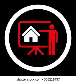 Realtor vector icon. This rounded flat symbol is drawn with red and white colors on a black background.