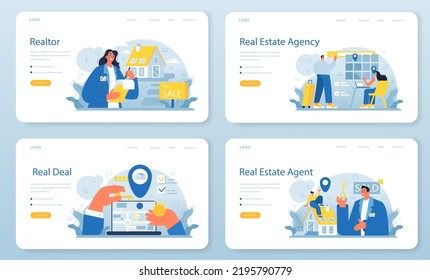 Realtor web banner or landing page set. Real estate agent' assistance in house selection and mortgage contract. Estate market analysis and housing. Flat vector illustration