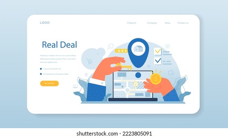 Realtor web banner or landing page. Real estate agent' assistance in house selection and mortgage contract. Estate market analysis and housing. Flat vector illustration