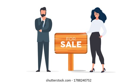 Realtors with a For Sale sign. The girl and the man are realtors. Good for design on the topic of selling houses, apartments and real estate. Isolated. Vector.