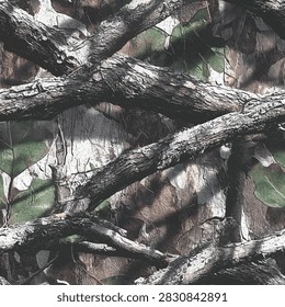 Realtree APX style hyper realistic high contrast camouflage seamless pattern with bleached white diagonal branches and shadow bark for hunting gear