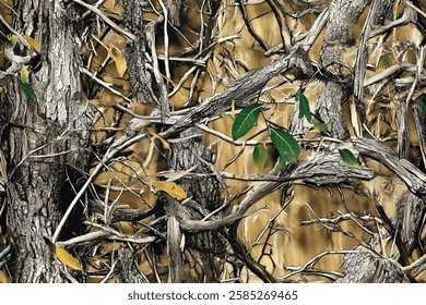 Real-tree camouflage pattern, with brown and green leaves on tree branches, brown pines in the background, a seamless repeating pattern, green leaves