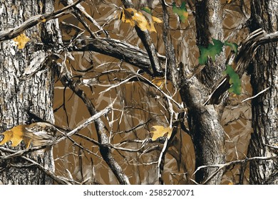 Real-tree camouflage pattern, with brown and green leaves on tree branches, brown pines in the background, a seamless repeating pattern, green leaves