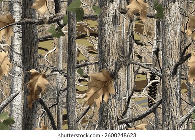 Real-tree camouflage pattern, with brown and green leaves on tree branches, brown pines in the background, a seamless repeating pattern, green leaves