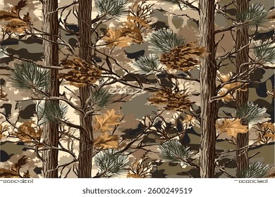 Real-tree camouflage pattern, with brown and green leaves on tree branches, brown pines in the background, a seamles