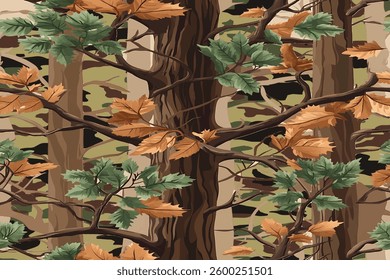 Real-tree camouflage pattern, with brown and green leaves on tree branches, brown pines in the background, a seamless with close up background