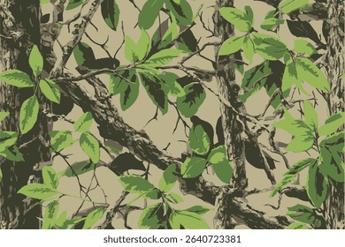 Real-tree camouflage pattern with green leaves and brown branches.Hunting camouflage seamless pattern background. Forest camouflage texture for hunting and military purposes.