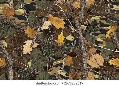 Real-tree camouflage pattern, with tree branches and foliage in the background with solid brown color background.