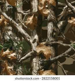 Realtree Mossy Oak style hyper realistic camouflage seamless pattern with vertical tree trunks branches and golden autumn leaves for hunting apparel