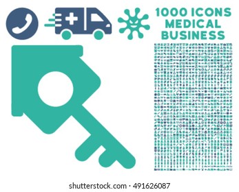 Realty Access icon with 1000 medical commercial cobalt and cyan vector pictograms. Clipart style is flat bicolor symbols, white background.