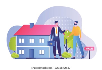 Realty agent concept. Man buys real estate and house. Realtor and client make deal. Financial literacy and passive income, investing and trading. Poster or banner. Cartoon flat vector illustration