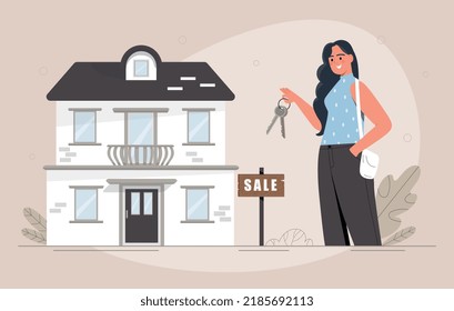 Realty Agent Concept. Young Girl With Keys Stands Near House. Manager Conducts Transactions With Residential Real Estate, Realtor. Assistance In Closing Deals. Cartoon Flat Vector Illustration