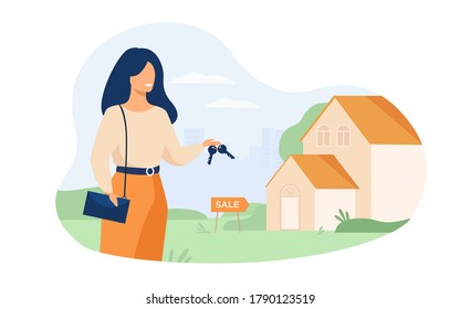 Realty agent holding keys and standing near building isolated flat vector illustration. Cartoon woman and house for sale. Real estate and mortgage concept