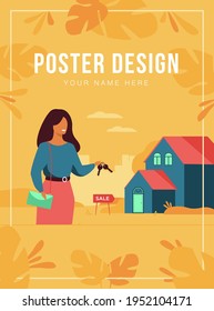 Realty agent holding keys and standing near building isolated flat vector illustration. Cartoon woman and house for sale. Real estate and mortgage concept