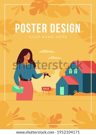 Realty agent holding keys and standing near building isolated flat vector illustration. Cartoon woman and house for sale. Real estate and mortgage concept