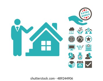 Realty Agent icon with bonus pictograph collection. Vector illustration style is flat iconic bicolor symbols, grey and cyan colors, white background.