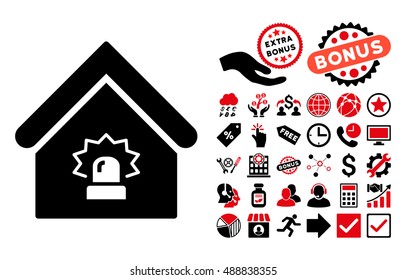 Realty Alarm icon with bonus elements. Vector illustration style is flat iconic bicolor symbols, intensive red and black colors, white background.