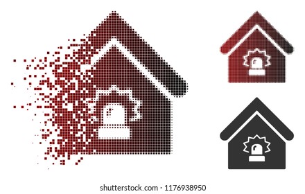 Realty alarm icon in dissolved, pixelated halftone and undamaged whole versions. Fragments are composed into vector dissolving realty alarm icon.