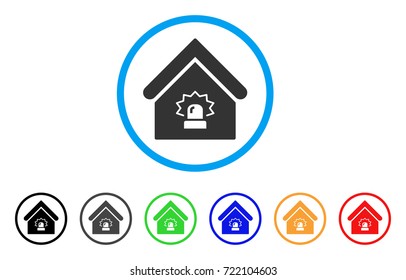 Realty Alarm rounded icon. Style is a flat realty alarm gray symbol inside light blue circle with black, gray, green, blue, red, orange color versions. Vector designed for web and software interfaces.