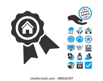 Realty Award pictograph with bonus elements. Vector illustration style is flat iconic bicolor symbols, blue and gray colors, white background.
