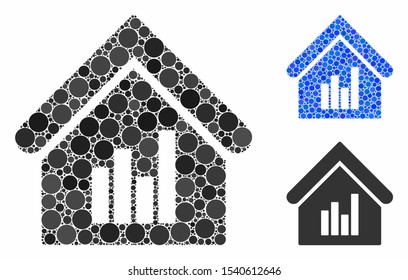 Realty bar chart composition of filled circles in variable sizes and color tones, based on realty bar chart icon. Vector random circles are grouped into blue composition.