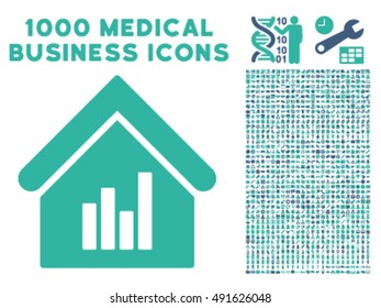 Realty Bar Chart icon with 1000 medical commercial cobalt and cyan vector pictograms. Clipart style is flat bicolor symbols, white background.