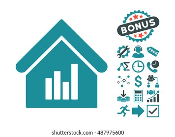 Realty Bar Chart icon with bonus symbols. Vector illustration style is flat iconic bicolor symbols, soft blue colors, white background.