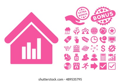 Realty Bar Chart icon with bonus icon set. Vector illustration style is flat iconic symbols, pink color, white background.