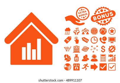 Realty Bar Chart icon with bonus pictures. Vector illustration style is flat iconic symbols, orange color, white background.