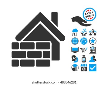 Realty Brick Wall icon with bonus icon set. Vector illustration style is flat iconic bicolor symbols, blue and gray colors, white background.