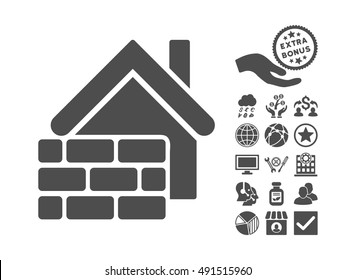 Realty Brick Wall icon with bonus symbols. Vector illustration style is flat iconic symbols, gray color, white background.