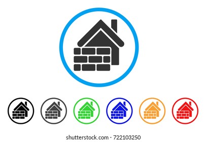 Realty Brick Wall rounded icon. Style is a flat realty brick wall gray symbol inside light blue circle with black, gray, green, blue, red, orange versions.