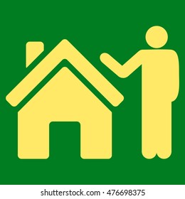 Realty Buyer icon. Vector style is flat iconic symbol, yellow color, green background.