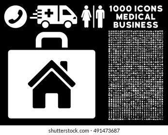 Realty Case icon with 1000 medical business white vector pictographs. Clipart style is flat symbols, black background.