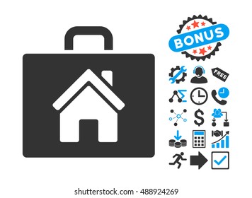 Realty Case pictograph with bonus pictogram. Vector illustration style is flat iconic bicolor symbols, blue and gray colors, white background.