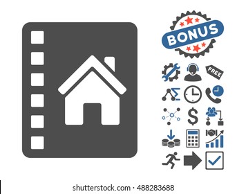 Realty Catalog icon with bonus icon set. Vector illustration style is flat iconic bicolor symbols, cobalt and gray colors, white background.