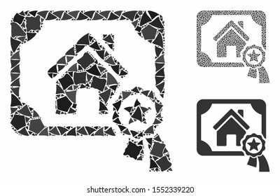 Realty certification composition of joggly elements in different sizes and color tinges, based on realty certification icon. Vector joggly items are united into collage.