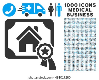 Realty Certification icon with 1000 medical business gray and blue vector pictographs. Clipart style is flat bicolor symbols, white background.
