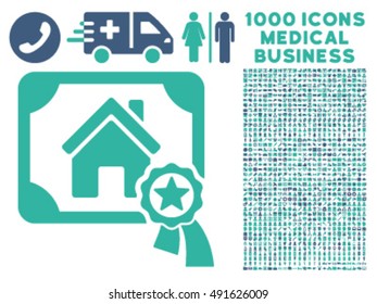 Realty Certification icon with 1000 medical business cobalt and cyan vector design elements. Collection style is flat bicolor symbols, white background.