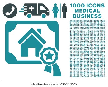 Realty Certification icon with 1000 medical commercial soft blue vector pictographs. Set style is flat bicolor symbols, white background.