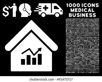 Realty Charts icon with 1000 medical business white vector design elements. Collection style is flat symbols, black background.