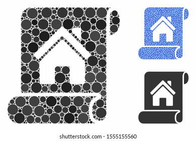 Realty description roll composition of filled circles in various sizes and color tinges, based on realty description roll icon. Vector round dots are grouped into blue composition.