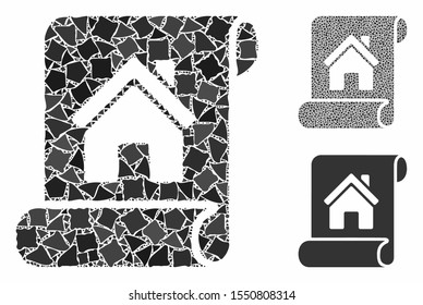 Realty description roll composition of inequal parts in different sizes and color tinges, based on realty description roll icon. Vector uneven parts are organized into collage.