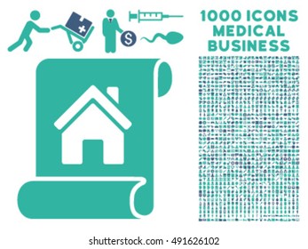 Realty Description Roll icon with 1000 medical business cobalt and cyan vector pictographs. Design style is flat bicolor symbols, white background.