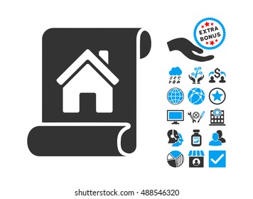 Realty Description Roll icon with bonus pictograph collection. Vector illustration style is flat iconic bicolor symbols, blue and gray colors, white background.