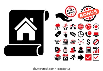 Realty Description Roll icon with bonus pictograph collection. Vector illustration style is flat iconic bicolor symbols, intensive red and black colors, white background.