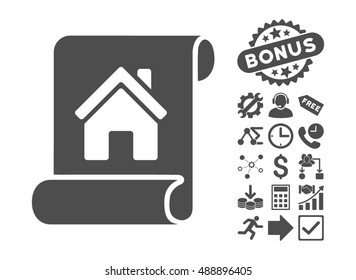 Realty Description Roll icon with bonus pictograph collection. Vector illustration style is flat iconic symbols, gray color, white background.
